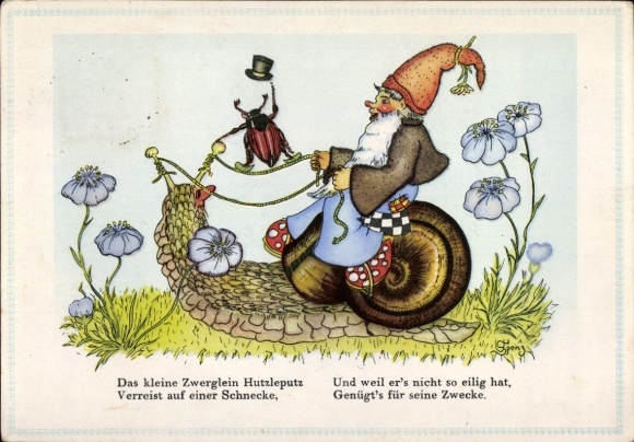 Artist Postcard Spenz, U., The little dwarf rides on the snail, May beetle