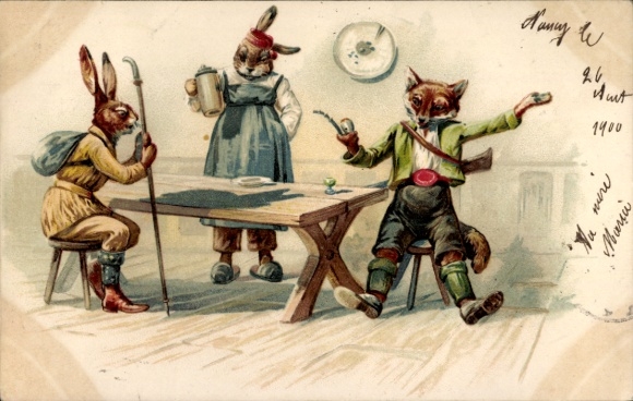 litho Gehumaniseerde konijnen en vos aan tafel, pijp, geweer, wandelstok