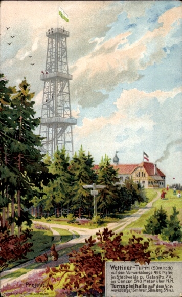 Ak Oelsnitz im Erzgebirge, Vorwerksberg, Wettiner Turm, Turnspielhalle