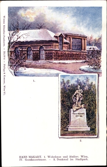 Artist Postcard painter Hans Makart, residential building, studio Vienna IV Gusshausstraße, monument in the city park