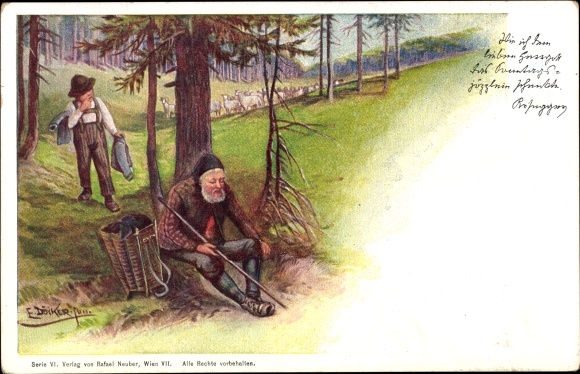 Artist PC Döcker, E., shepherd boy, flock of sheep, old man with pannier, Rosegger