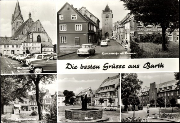 Postcard Barth in Mecklenburg Western Pomerania, Marienkirche, town hall, Dammstraße, Dammtor, market