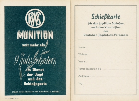 Folding PC shooting card Dt. Jagdschutz Verband, RWS ammunition, Dynamit AG vorm. Alfred Nobel Nuremberg