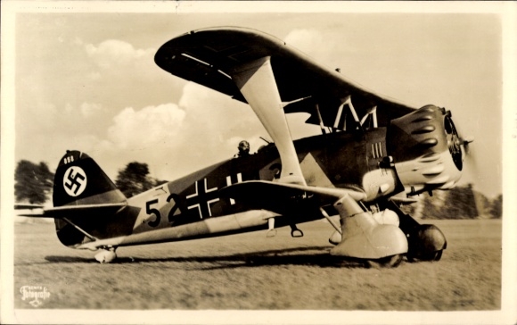 Postcard German Air Force, fighter aircraft, crash single-seater fighter Henschel Hs 123, 52 13