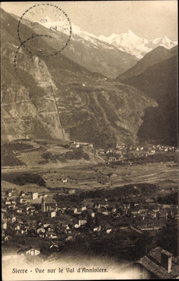 KP Siders Sierre Kanton Valais, Sierra, widok na Val d'Anniviers, góry w tle, poczta