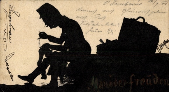 Hand-painted Postcard Maneuver Joys, silhouette of an kuk soldier