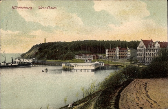 Postcard Glücksburg in Schleswig Holstein, beach hotel, pier, beach hall