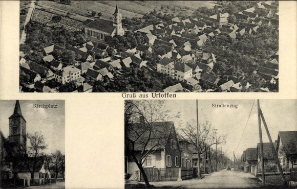 Postcard Urloffen Appenweier in Baden Black Forest, aerial photograph, church square, street