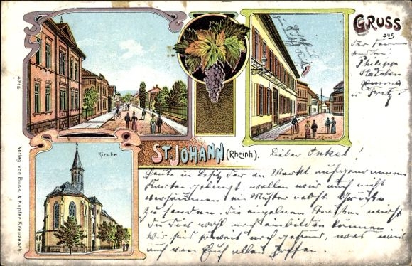 litho Sint Johann Rheinhessen, kerk, straatbeeld, druiven