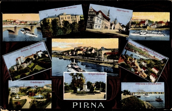 Ak Pirna in Saksen, salonboot, seminar, Peace Park, kasteel Sonnenstein, Obermarkt, monument