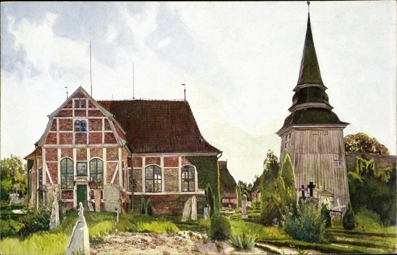 Kunstenaar ansichtkaart Hamburg Bergedorf Curslack, kerk, begraafplaats