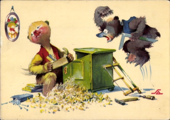 Artist Postcard Salac, Bear planing a cabinet