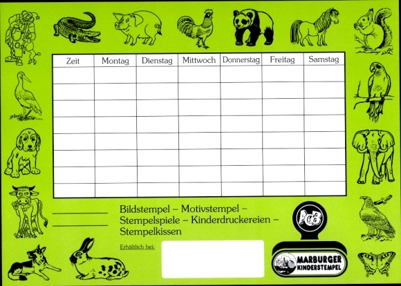 Timetable, Marburg children&#39;s stamp, animals - crocodile, elephant, birds around 1970