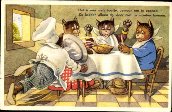 Postcard Anthropomorphized cats, chef crashes with roast