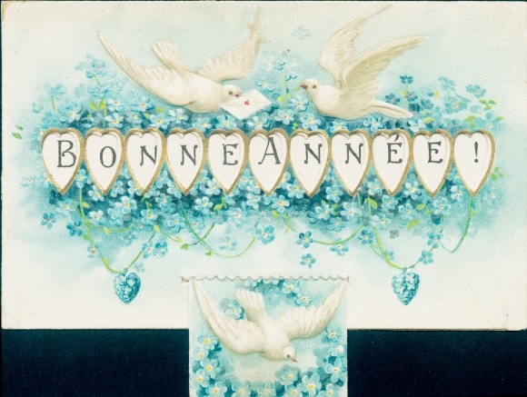 Mechanical Postcard Happy New Year, forget-me-nots, doves
