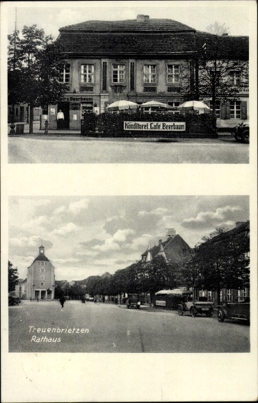 Postcard Treuenbrietzen ad Nieplitz, Café Beerbaum pastry shop, town hall