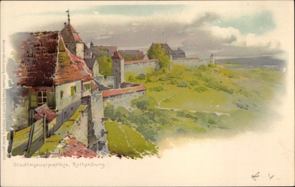 Kunstenaar litho Hammel, Otto, Rothenburg ob der Tauber Midden-Franken, stadsmuur