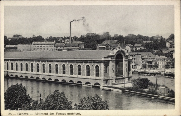 Ak Genf Stadt Schweiz, Bâtiment des Forces motrices,  Fluss, Industriegebäude, Schwarz-Weiß