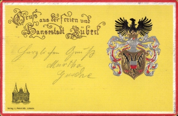 Embossed coat of arms Postcard Hanseatic City of Lübeck, Gate
