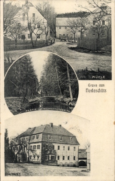 Ak Nedaschütz Coblenz Göda in Oberlausitz, kasteel, deel van het Nedaschützerdal, molen, groeten uit