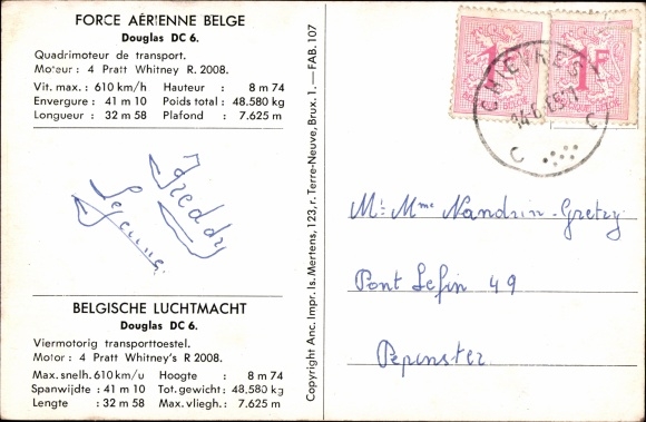 Postcard Belgian Air Force, Douglas DC 6, Four-engine, Belgische Luchtmacht