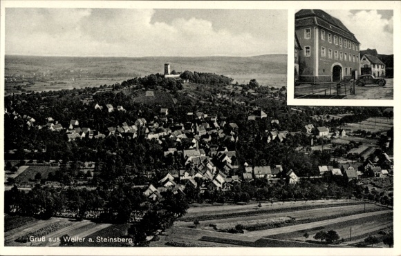 Postcard Weiler Sinsheim in Baden, Steinsberg Castle, aerial photograph, Restaurant zur Rose