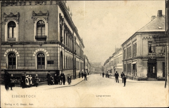 Postcard Eibenstock in the Erzgebirge of Saxony, street section Langestraße, hotel