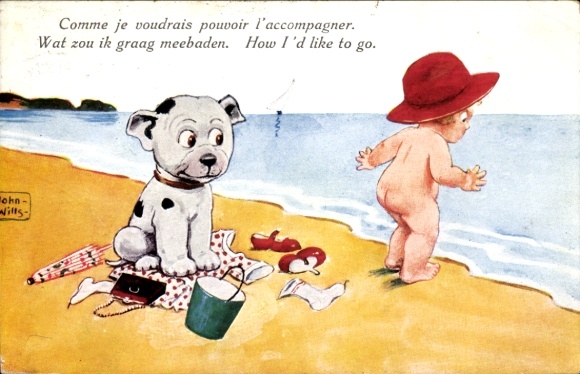 Artist Postcard Wills, John, Child on the Beach, Dog