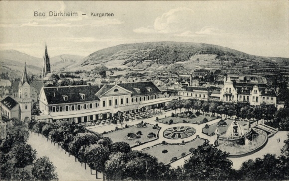 Ak Bad Dürkheim an der Weinstraße Pfalz, Kurgarten,  Gebäude, Parkanlagen, Brunnen, Hügel im Hint