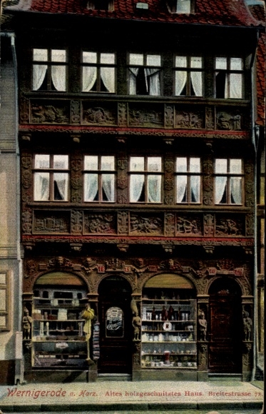 Ak Wernigerode am Harz, altes holzgeschnitztes Haus Breitestraße 72