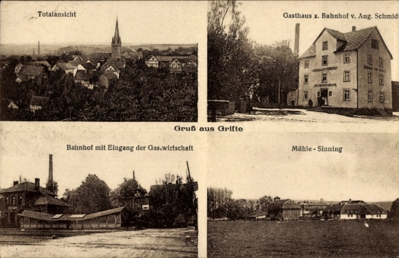 Postcard Grifte Edermünde in Hesse, general view, inn at the train station, mill Sinning