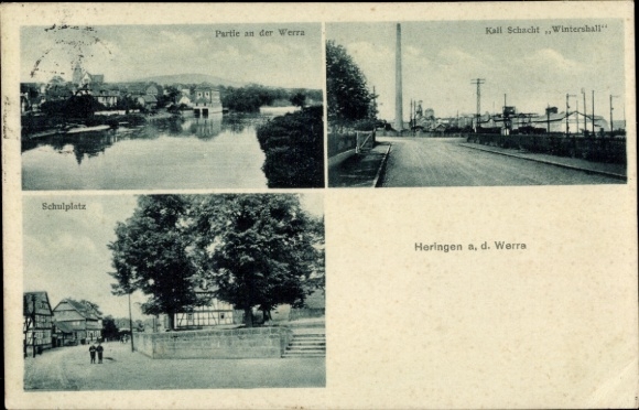 Postcard Heringen an der Werra, partial view, Wintershall potash shaft, school square