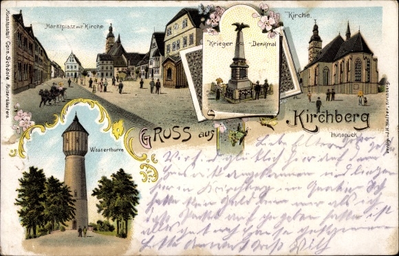 Chromo-Litho Kirchberg im Hunsrück, water turn, church, war memorial, marketplace