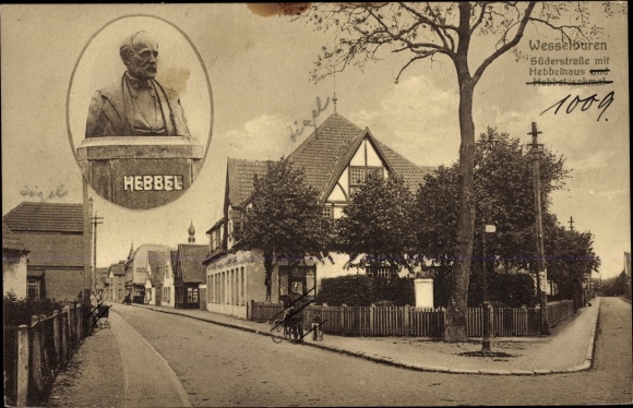 Ak Wesselburen in Sleeswijk-Holstein, Süderstrasse, Hebbelhaus, Hebbeldenkmal