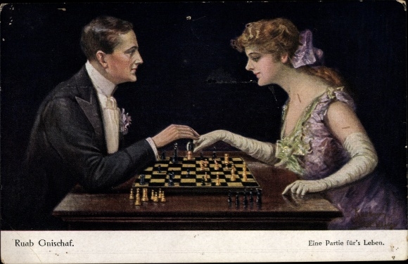 Artist Postcard Gnischaf, Ruab, A game for life, Couple playing chess