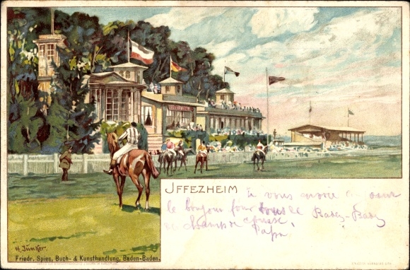 Artist Chromo-Litho Junker, H., Iffezheim am Rhein, horse racing track, grandstand