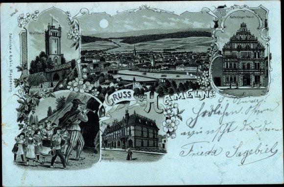 Maanlicht litho Hamelen aan de Weser, Rattenvangershuis, Klütturm, Trouwhuis, totaalaanzicht