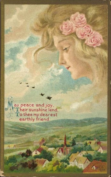 Complete series 12 embossed PCs Young woman, long hair, butterfly, angel