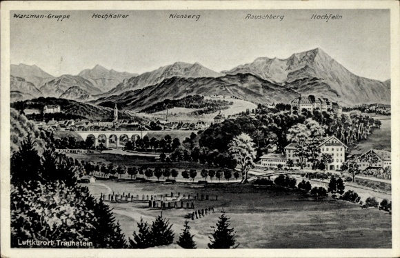 Postcard Traunstein in Upper Bavaria, landscape with mountains, climatic health resort garden, trees, architecture