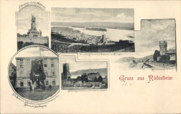Rudesheim am Rhein in Hesse, city views, national monument, Eagle Tower, Hotel Bellevue
