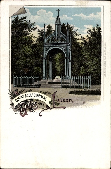 Litho Lützen im Burgenlandkreis, Ansicht vom Gustav Adolf Denkmal