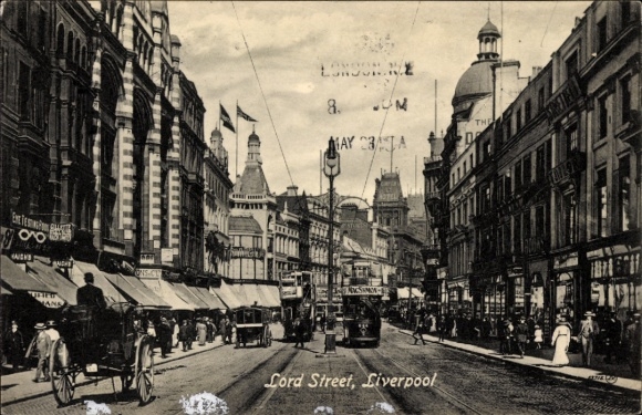 Picture Liverpool Merseyside England, Lord Street, street view, horse-drawn carriage, crowd