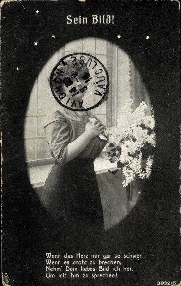 Postcard woman with flower vase receives field post, his picture, prisoner of war camp Tengern