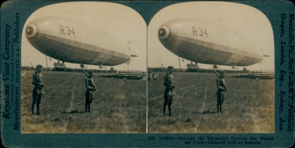 Stereo photo of British rigid airship R34 on the airfield of Mineola NY, Atlantic crossing