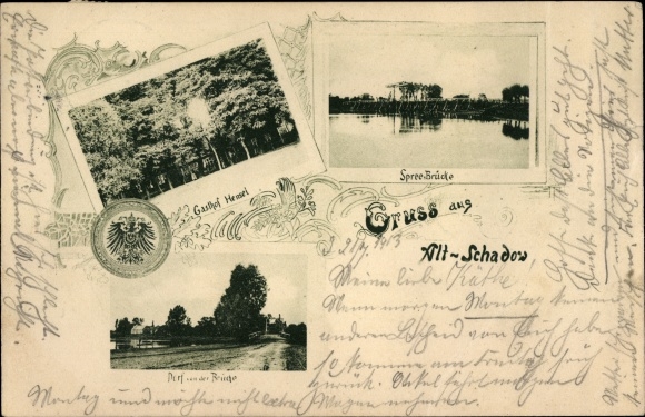 Postcard Alt Schadow Märkische Heide, Spreebrücke, Gasthof Hensel, view of the village