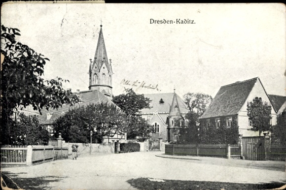 Postcard Dresden Kaditz, street scene, church