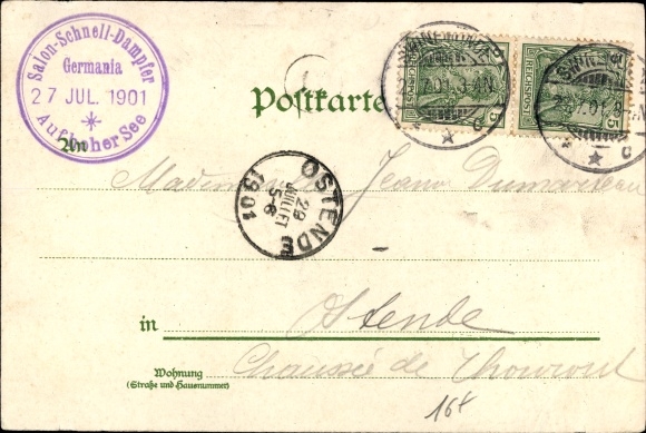 litho saloon express stoomschip Germania, rederij Braeunlich Stettin