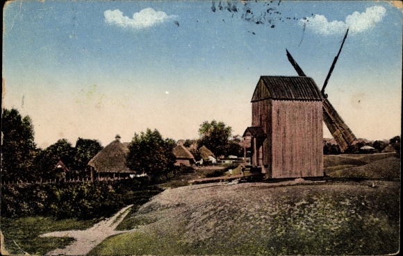 Postcard Russia, Russian Landscape, Wooden Windmill, Farmhouses