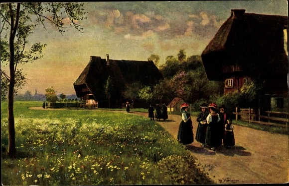 Kunstenaarskaart Hoffmann, H., Zwarte Woud, klederdracht, bollenhutten, zondagmorgen