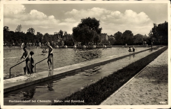 Postcard Hartmannsdorf Reichenau in the Erzgebirge, swimming people, natural and sports pool, clear water...